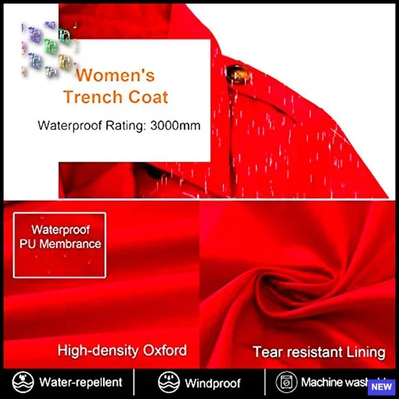 Classic Double-Breasted Trench Coat Slim Fit Detachable Hood Water-Repellent